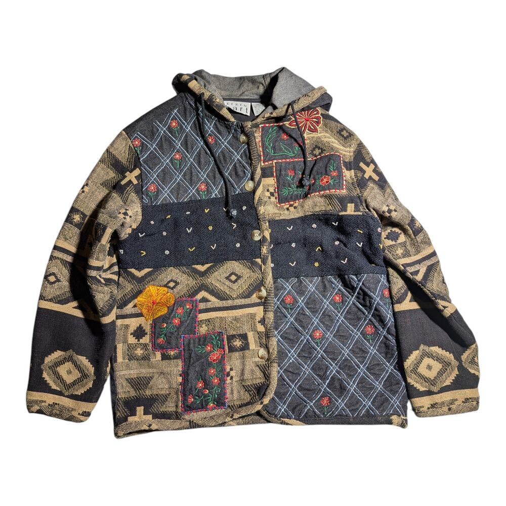 Vtg 1990s Keren Hart Black Beige Tribal Patchwork Tapestry Hooded Jacket Sz S